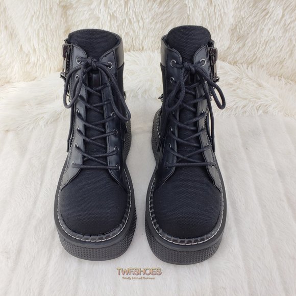 Emily Black Canvas Chain Goth 2" Platform Ankle Boots 114x - Picture 16 of 16